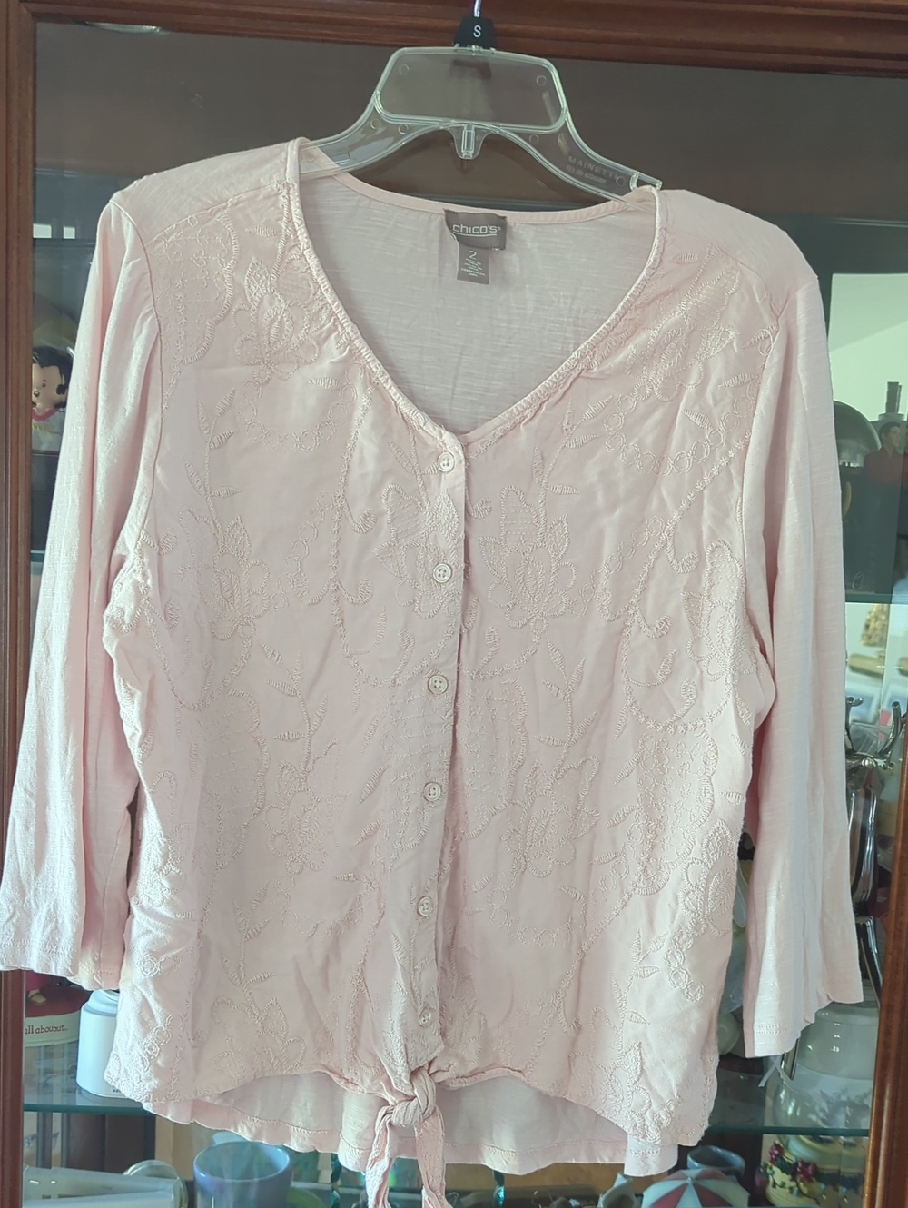Chico's Light Pink Embroidered Button-Front Tie-Hem Top